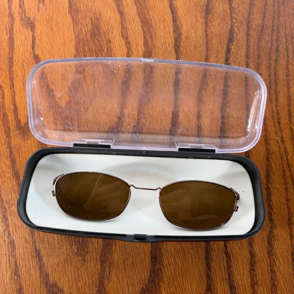Vintage 1990s Minimalist Gold Wire Oval Clip On Sunglasses Lenses with Case